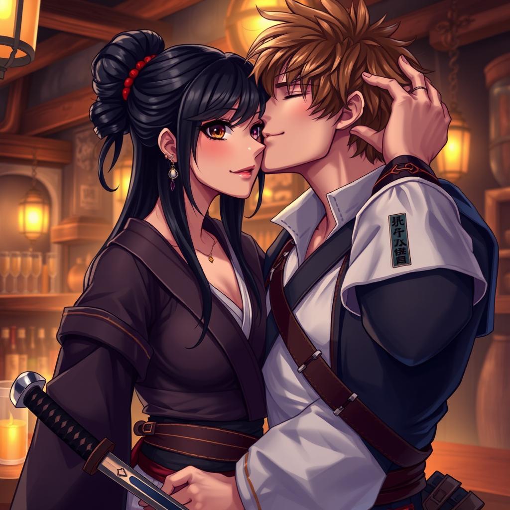 A vivid illustration of a fantasy character couple, featuring a 24-year-old Japanese samurai woman and a 29-year-old Italian rogue-mercenary from the 17th century