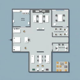 An intricate office layout design depicting a corporate environment with the following areas: an administrative office containing 10 desks, a break room with 10 desks, a sales department equipped with 5 desks, a human resources department featuring 5 desks, a large meeting room accommodating 20 desks, and a second break room with 10 desks