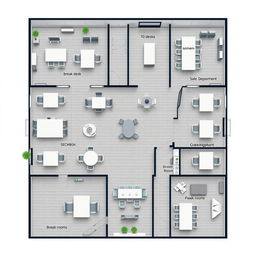 An intricate office layout design depicting a corporate environment with the following areas: an administrative office containing 10 desks, a break room with 10 desks, a sales department equipped with 5 desks, a human resources department featuring 5 desks, a large meeting room accommodating 20 desks, and a second break room with 10 desks