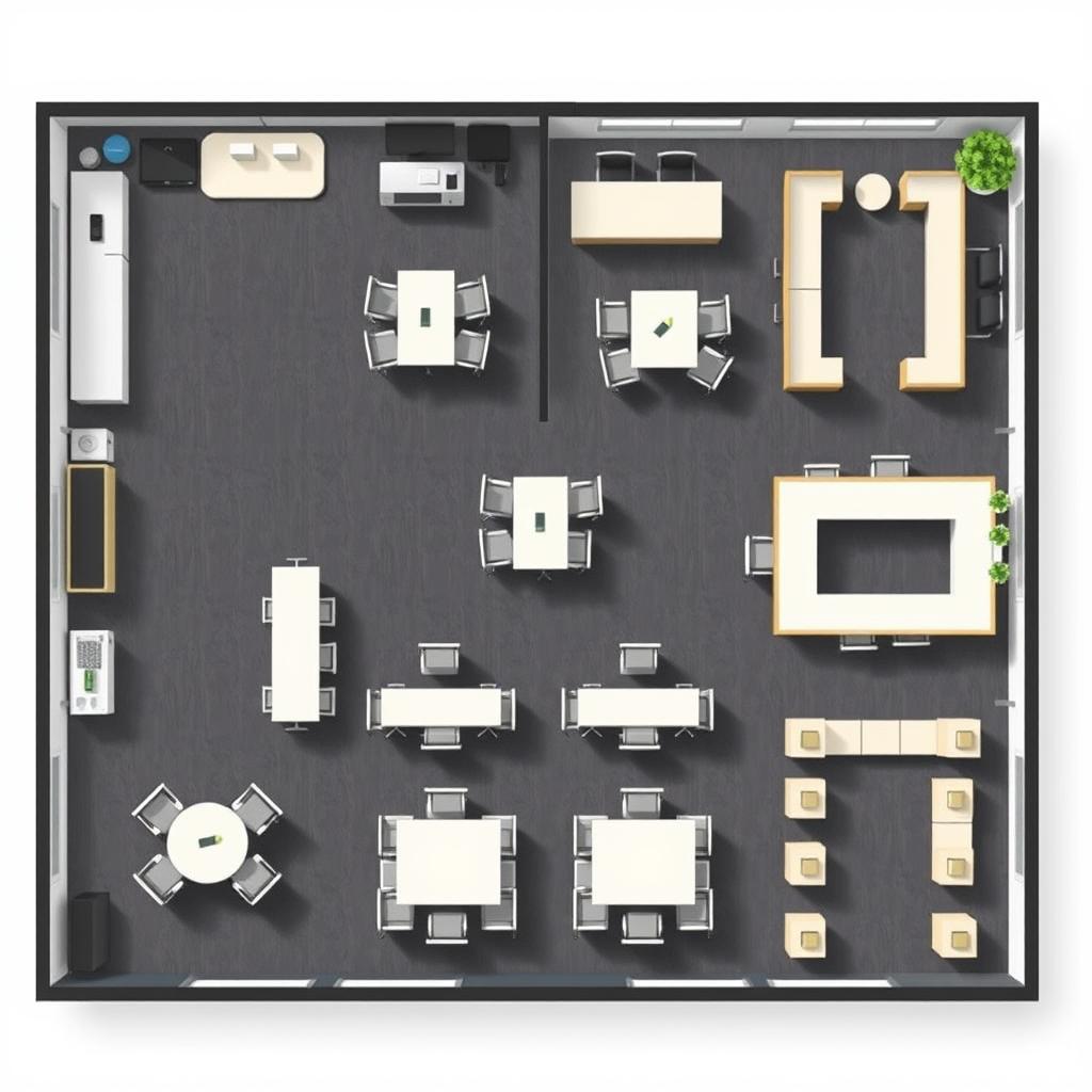An intricate office layout design depicting a corporate environment with the following areas: an administrative office containing 10 desks, a break room with 10 desks, a sales department equipped with 5 desks, a human resources department featuring 5 desks, a large meeting room accommodating 20 desks, and a second break room with 10 desks