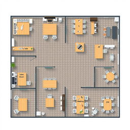 An intricate office layout design depicting a corporate environment with the following areas: an administrative office containing 10 desks, a break room with 10 desks, a sales department equipped with 5 desks, a human resources department featuring 5 desks, a large meeting room accommodating 20 desks, and a second break room with 10 desks