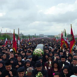 A large, solemn funeral procession for a prominent political leader, with black-clad mourners and flags, in a dignified atmosphere