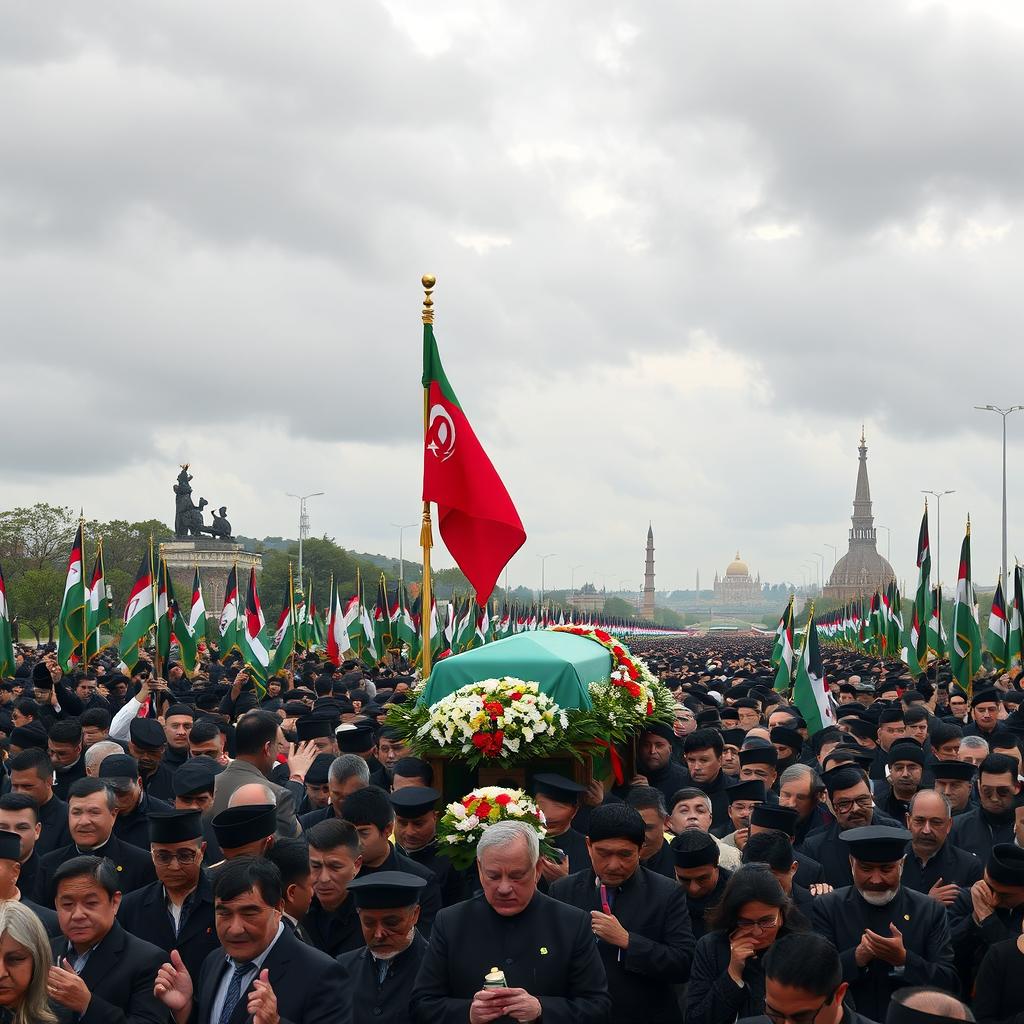 A large, solemn funeral procession for a prominent political leader, with black-clad mourners and flags, in a dignified atmosphere