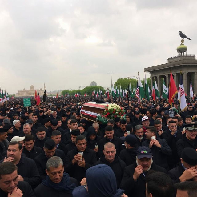 A large, solemn funeral procession for a prominent political leader, with black-clad mourners and flags, in a dignified atmosphere