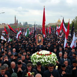 A large, solemn funeral procession for a prominent political leader, with black-clad mourners and flags, in a dignified atmosphere