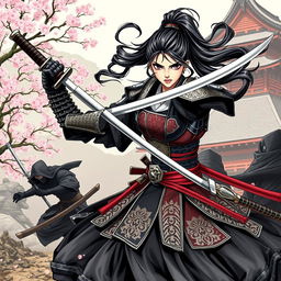 A fierce Japanese lady samurai in traditional armor, brandishing a katana with a determined expression as she engages in an intense battle with a stealthy ninja