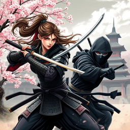A fierce Japanese lady samurai in traditional armor, brandishing a katana with a determined expression as she engages in an intense battle with a stealthy ninja