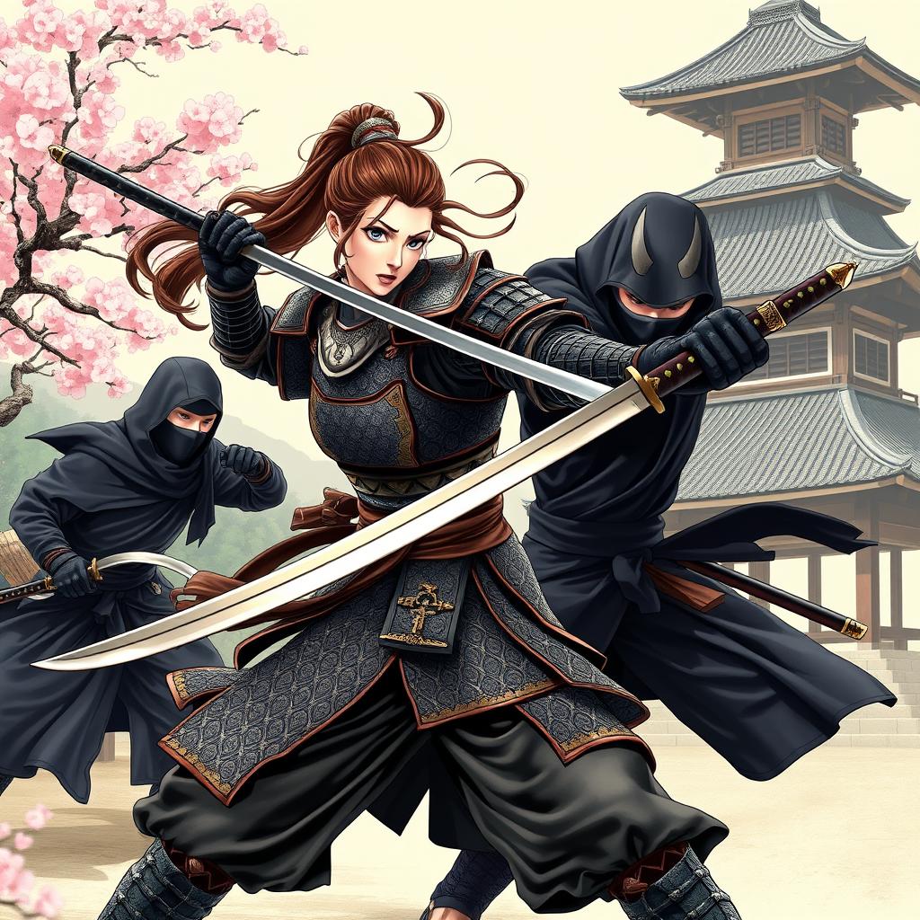 A fierce Japanese lady samurai in traditional armor, brandishing a katana with a determined expression as she engages in an intense battle with a stealthy ninja