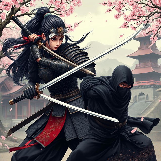 A fierce Japanese lady samurai in traditional armor, brandishing a katana with a determined expression as she engages in an intense battle with a stealthy ninja