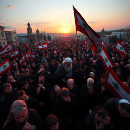 A vivid scene depicting a massive public funeral procession for Hassan Nasrallah