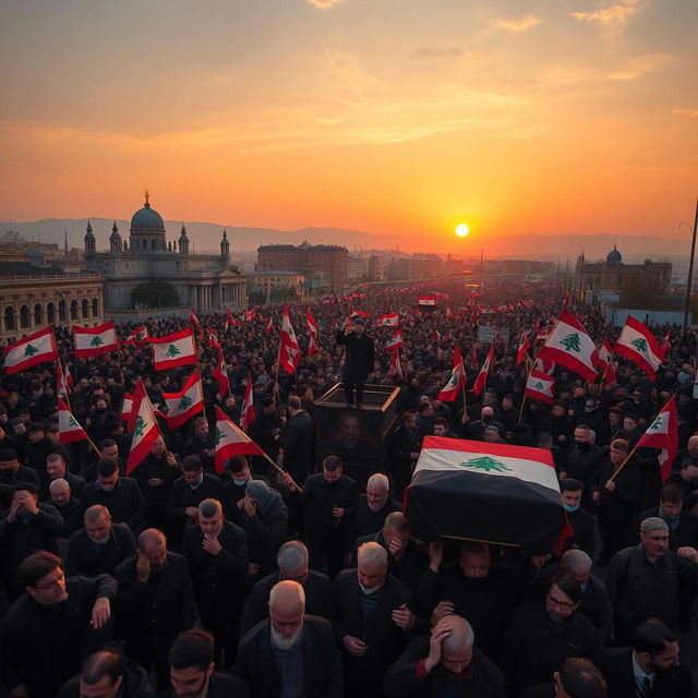 A vivid scene depicting a massive public funeral procession for Hassan Nasrallah