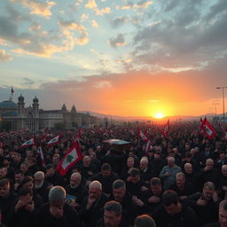 A vivid scene depicting a massive public funeral procession for Hassan Nasrallah