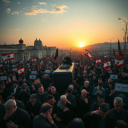 A vivid scene depicting a massive public funeral procession for Hassan Nasrallah