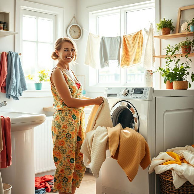 A woman in a sunny laundry room, joyfully washing clothes