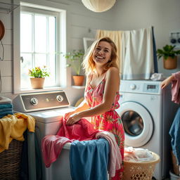 A woman in a sunny laundry room, joyfully washing clothes