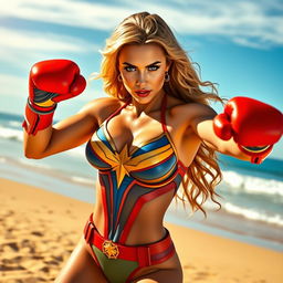 A powerful woman dressed as Captain Marvel, wearing a vibrant bikini with her signature colors, battling on a sunny beach
