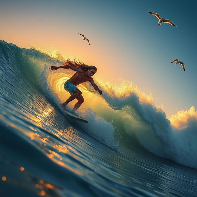 A dynamic and exhilarating scene of a surfer riding a massive wave, showcasing their skill and determination