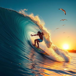A dynamic and exhilarating scene of a surfer riding a massive wave, showcasing their skill and determination