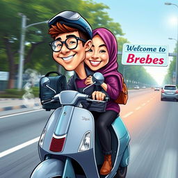 A colorful caricature of a 25-year-old Indonesian man and a 20-year-old woman wearing a hijab, both riding a Vespa motorbike