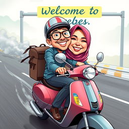 A colorful caricature of a 25-year-old Indonesian man and a 20-year-old woman wearing a hijab, both riding a Vespa motorbike
