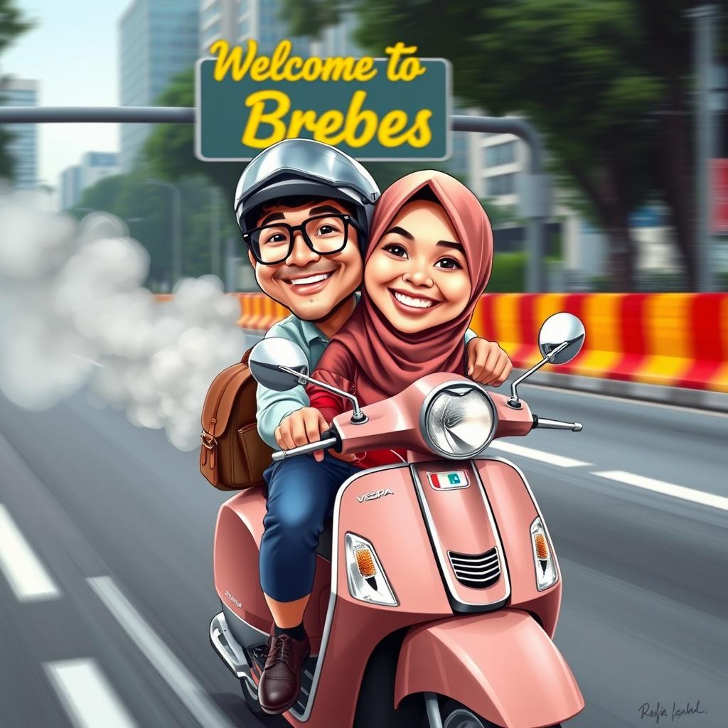A colorful caricature of a 25-year-old Indonesian man and a 20-year-old woman wearing a hijab, both riding a Vespa motorbike