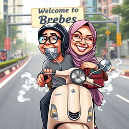 A colorful caricature of a 25-year-old Indonesian man and a 20-year-old woman wearing a hijab, both riding a Vespa motorbike