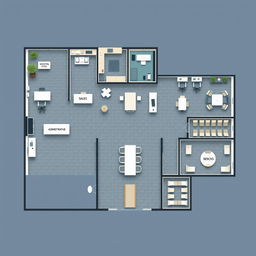 An elaborate office layout plan showcasing a corporate workspace that includes several key areas: an administrative office fitted with 10 desks, a break room with 10 desks, a sales department containing 5 desks, a human resources department with 5 desks, a spacious meeting room accommodating 20 desks, and another break room with 10 desks