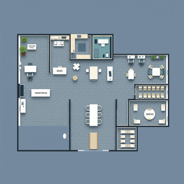 An elaborate office layout plan showcasing a corporate workspace that includes several key areas: an administrative office fitted with 10 desks, a break room with 10 desks, a sales department containing 5 desks, a human resources department with 5 desks, a spacious meeting room accommodating 20 desks, and another break room with 10 desks