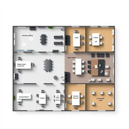An elaborate office layout plan showcasing a corporate workspace that includes several key areas: an administrative office fitted with 10 desks, a break room with 10 desks, a sales department containing 5 desks, a human resources department with 5 desks, a spacious meeting room accommodating 20 desks, and another break room with 10 desks