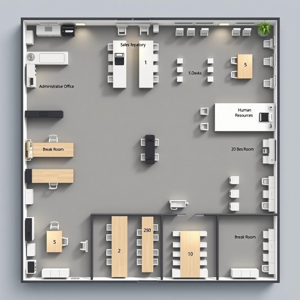 An elaborate office layout plan showcasing a corporate workspace that includes several key areas: an administrative office fitted with 10 desks, a break room with 10 desks, a sales department containing 5 desks, a human resources department with 5 desks, a spacious meeting room accommodating 20 desks, and another break room with 10 desks