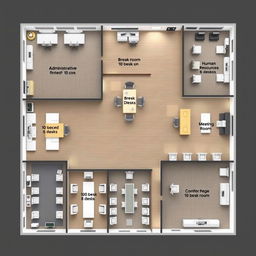 An elaborate office layout plan showcasing a corporate workspace that includes several key areas: an administrative office fitted with 10 desks, a break room with 10 desks, a sales department containing 5 desks, a human resources department with 5 desks, a spacious meeting room accommodating 20 desks, and another break room with 10 desks