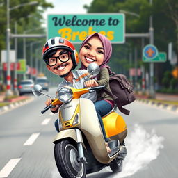 A colorful caricature photo depicting a 25-year-old Indonesian man and a 20-year-old woman wearing a hijab, joyfully riding a Vespa motorbike