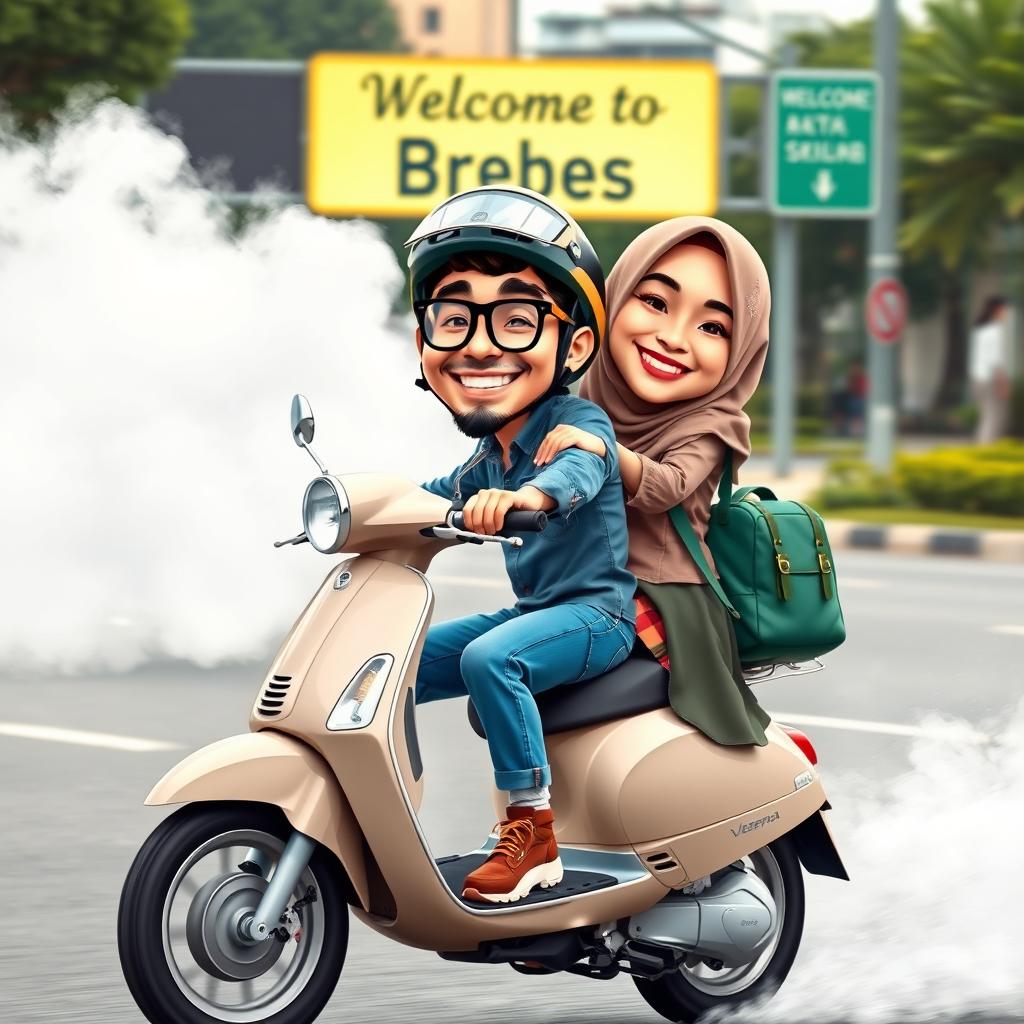 A colorful caricature photo depicting a 25-year-old Indonesian man and a 20-year-old woman wearing a hijab, joyfully riding a Vespa motorbike