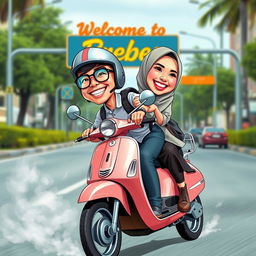 A colorful caricature photo depicting a 25-year-old Indonesian man and a 20-year-old woman wearing a hijab, joyfully riding a Vespa motorbike