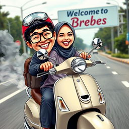 A colorful caricature photo depicting a 25-year-old Indonesian man and a 20-year-old woman wearing a hijab, joyfully riding a Vespa motorbike
