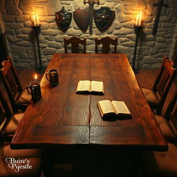 An empty fantasy tavern table viewed from the top, showcasing a rustic wooden surface with intricate carvings
