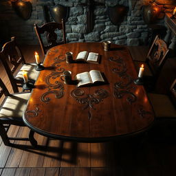 An empty fantasy tavern table viewed from the top, showcasing a rustic wooden surface with intricate carvings