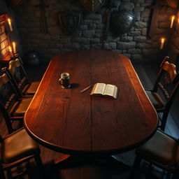 An empty fantasy tavern table viewed from the top, showcasing a rustic wooden surface with intricate carvings