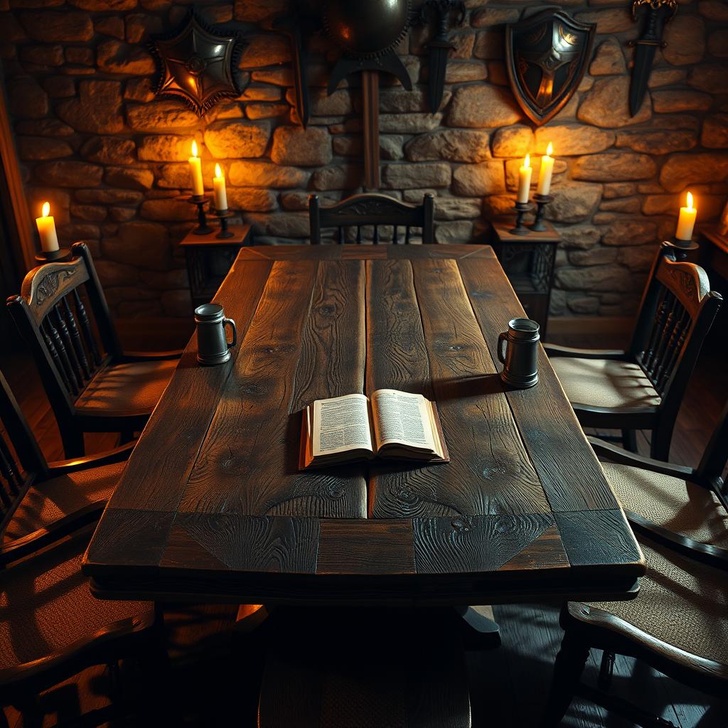 An empty fantasy tavern table viewed from the top, showcasing a rustic wooden surface with intricate carvings