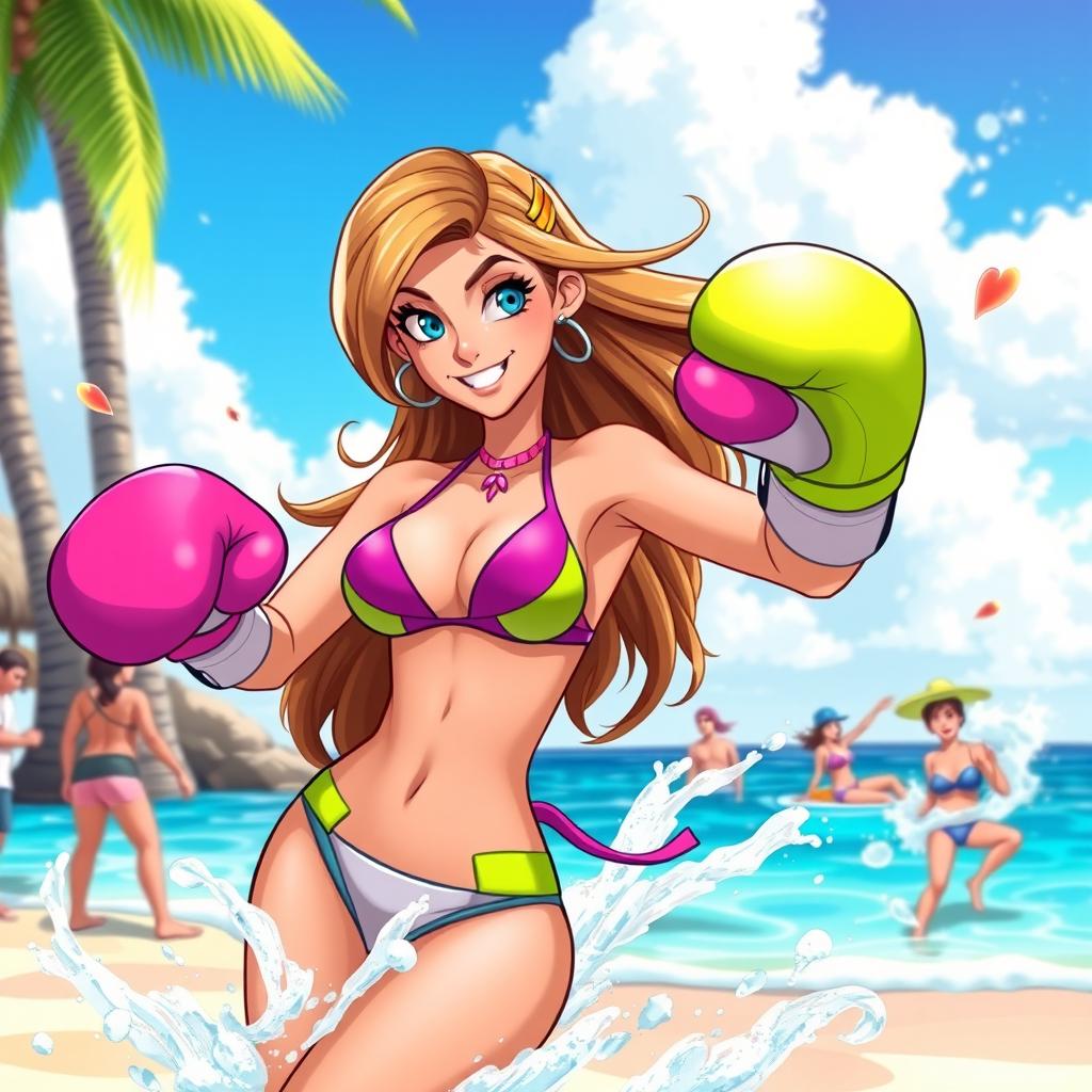 A vibrant and energetic illustration of a female character inspired by Courtney from Total Drama, wearing a stylish bikini at the beach