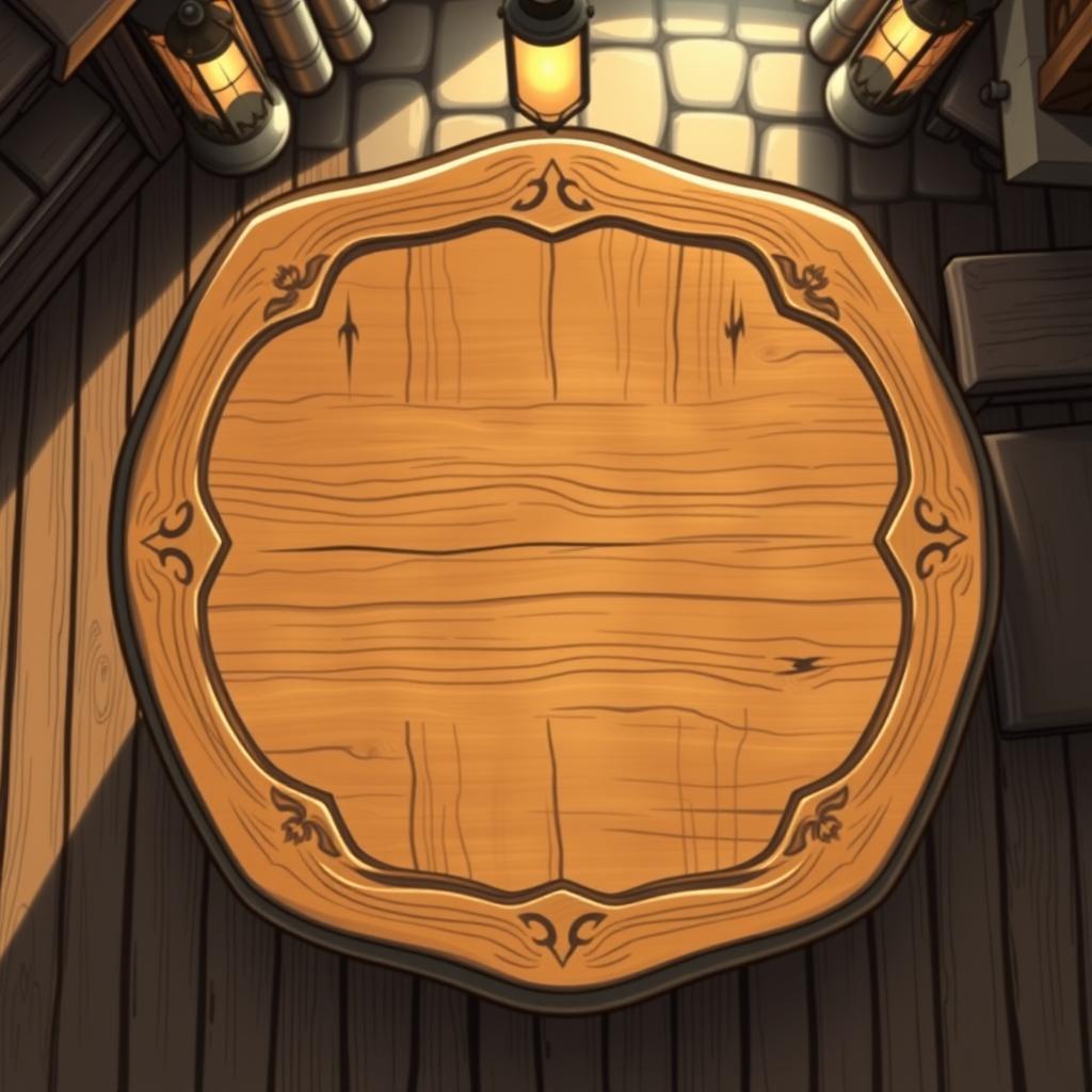 A clear fantasy tavern table illustrated from a top view perspective, featuring a polished wooden surface with elegant carvings