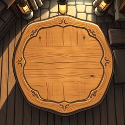 A clear fantasy tavern table illustrated from a top view perspective, featuring a polished wooden surface with elegant carvings