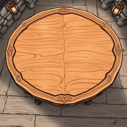 A clear fantasy tavern table illustrated from a top view perspective, featuring a polished wooden surface with elegant carvings