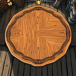 A clear fantasy tavern table illustrated from a top view perspective, featuring a polished wooden surface with elegant carvings
