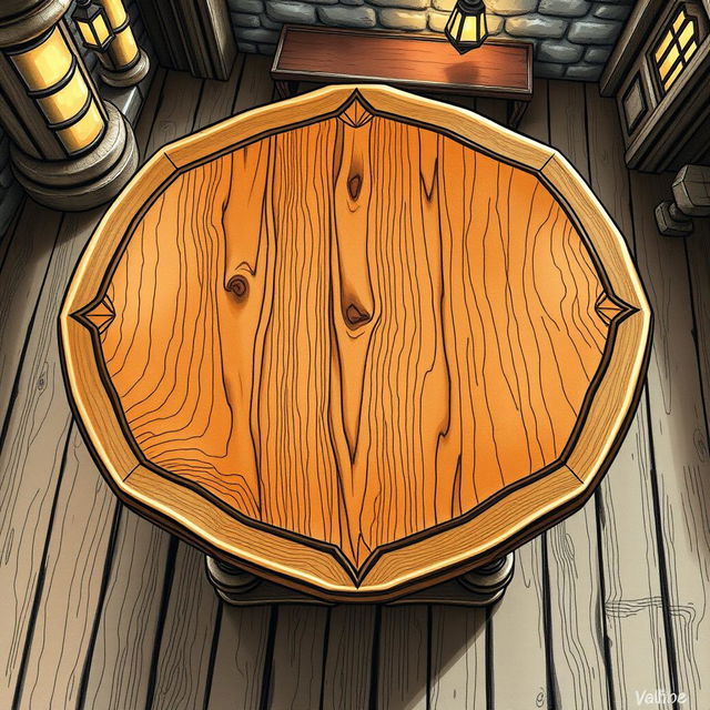 A clear fantasy tavern table illustrated from a top view perspective, featuring a polished wooden surface with elegant carvings