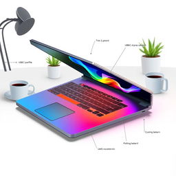 A stylish and modern design concept for a laptop sketch, featuring a sleek metallic casing, a vibrant, colorful backlit keyboard, and a high-resolution touchscreen display