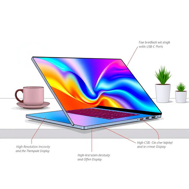 A stylish and modern design concept for a laptop sketch, featuring a sleek metallic casing, a vibrant, colorful backlit keyboard, and a high-resolution touchscreen display