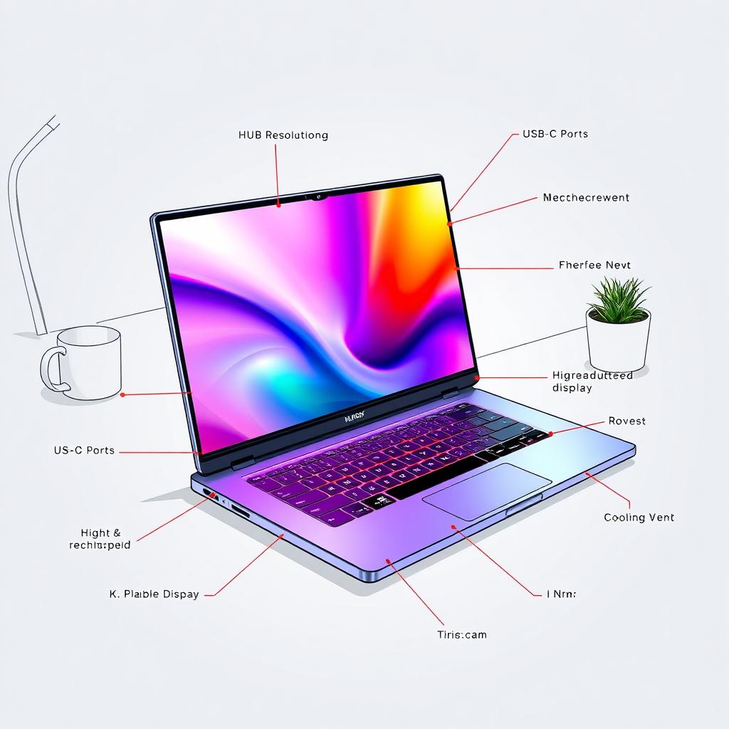 A stylish and modern design concept for a laptop sketch, featuring a sleek metallic casing, a vibrant, colorful backlit keyboard, and a high-resolution touchscreen display