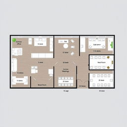 A detailed schematic representation of a corporate office layout that includes multiple functional spaces: an administrative office with 10 desks, a break room featuring 10 desks, a sales department consisting of 5 desks, a human resources department with 5 desks, a large meeting room that can accommodate 20 desks, and an additional break room with 10 desks