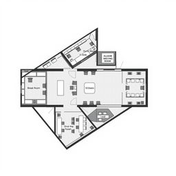 A detailed schematic representation of a corporate office layout that includes multiple functional spaces: an administrative office with 10 desks, a break room featuring 10 desks, a sales department consisting of 5 desks, a human resources department with 5 desks, a large meeting room that can accommodate 20 desks, and an additional break room with 10 desks